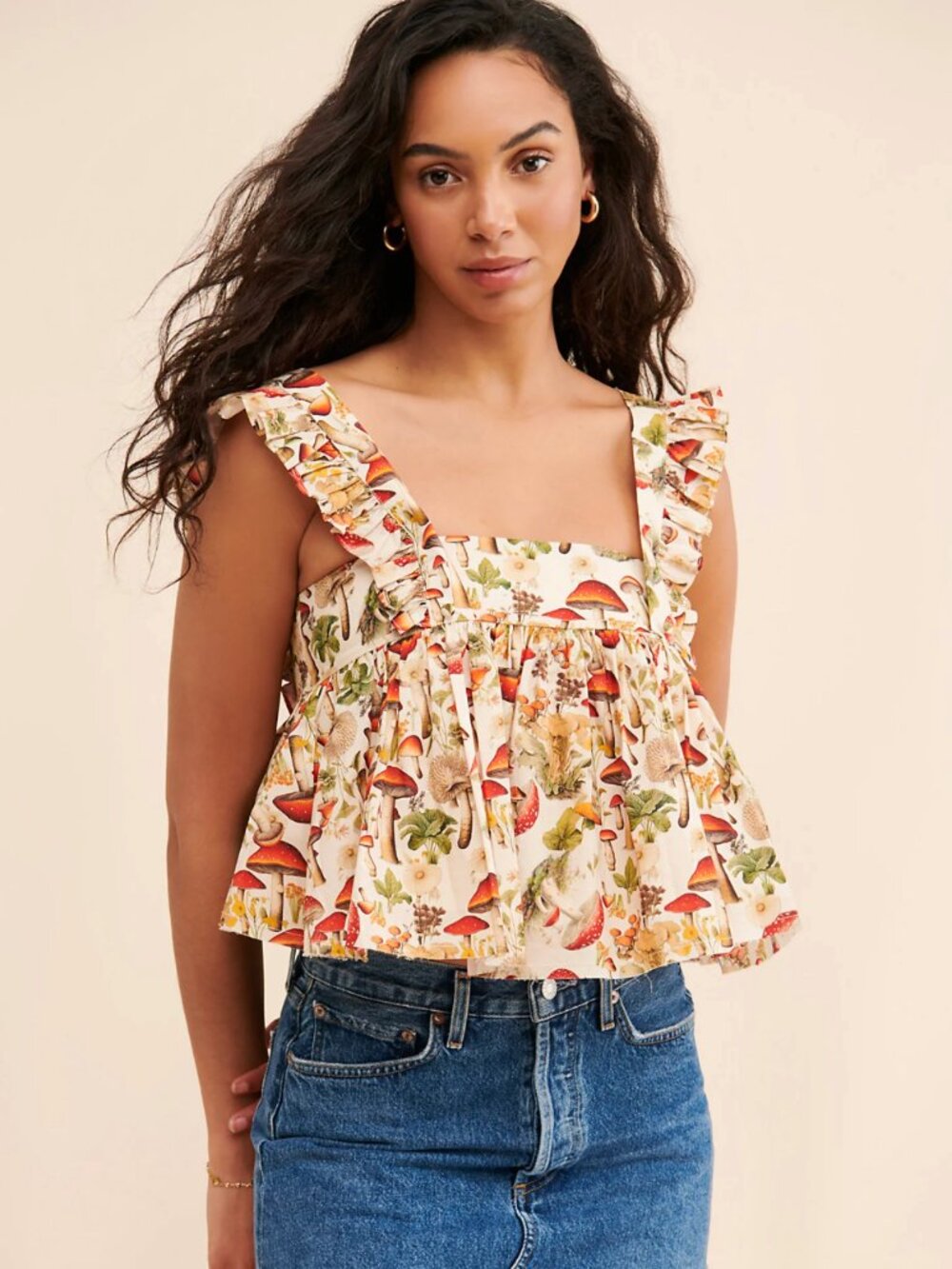 Selkie Tan Red Green Mushroom What A Trip Print Cotton Apron Ruffle Bow Crop Top